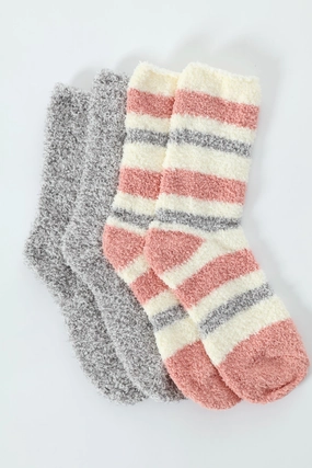 2 Pack Cosy Stripe Socks - Grey/Pink