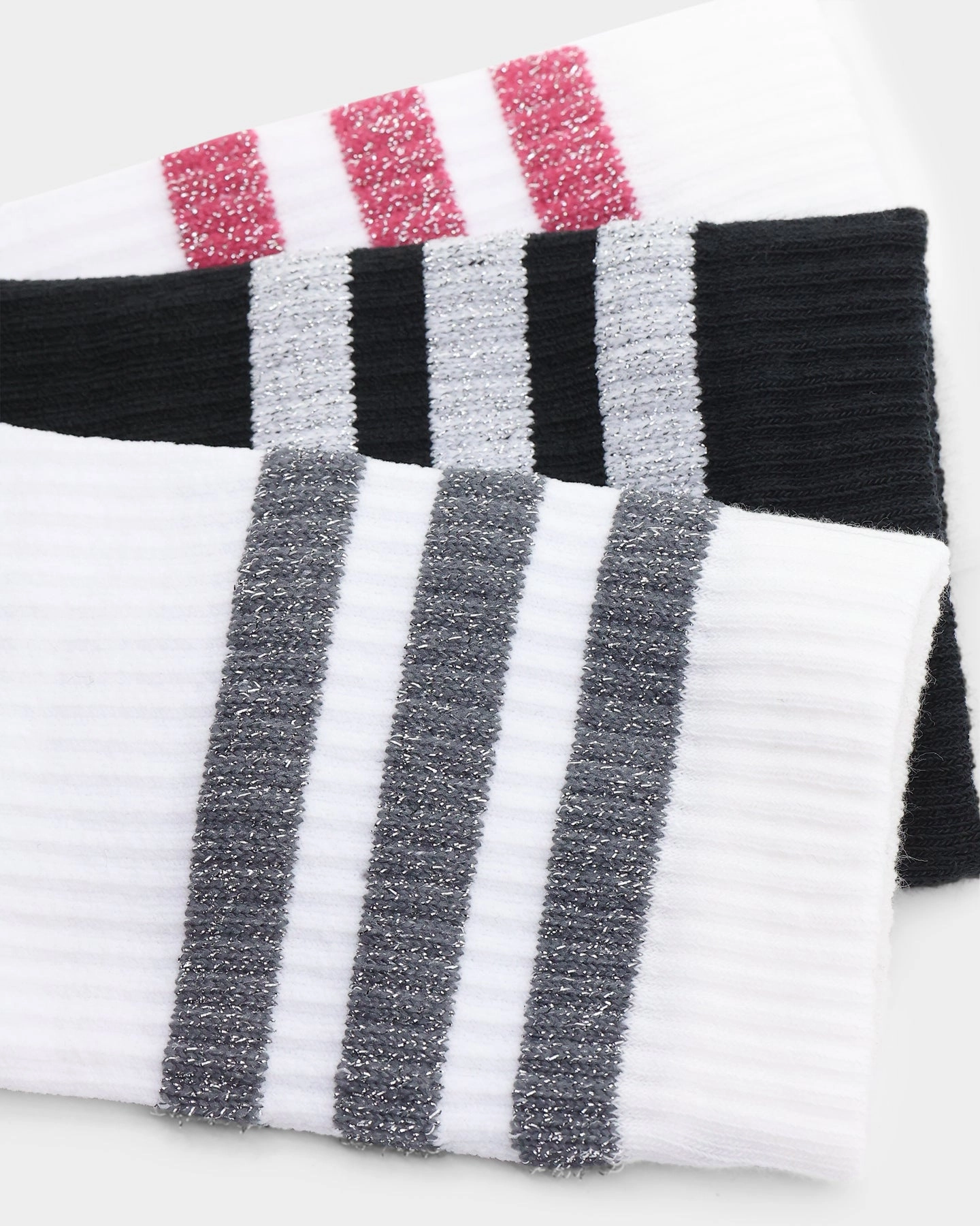 Adidas Women's 3 Stripe Glam Crew Socks 3 Pack White/Black/Wild Pink/Grey Five