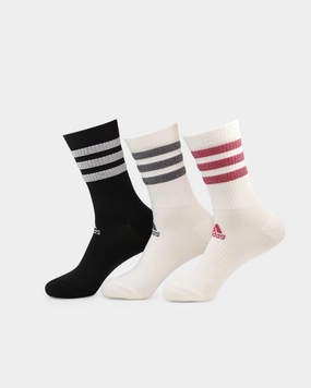 Adidas Women's 3 Stripe Glam Crew Socks 3 Pack White/Black/Wild Pink/Grey Five