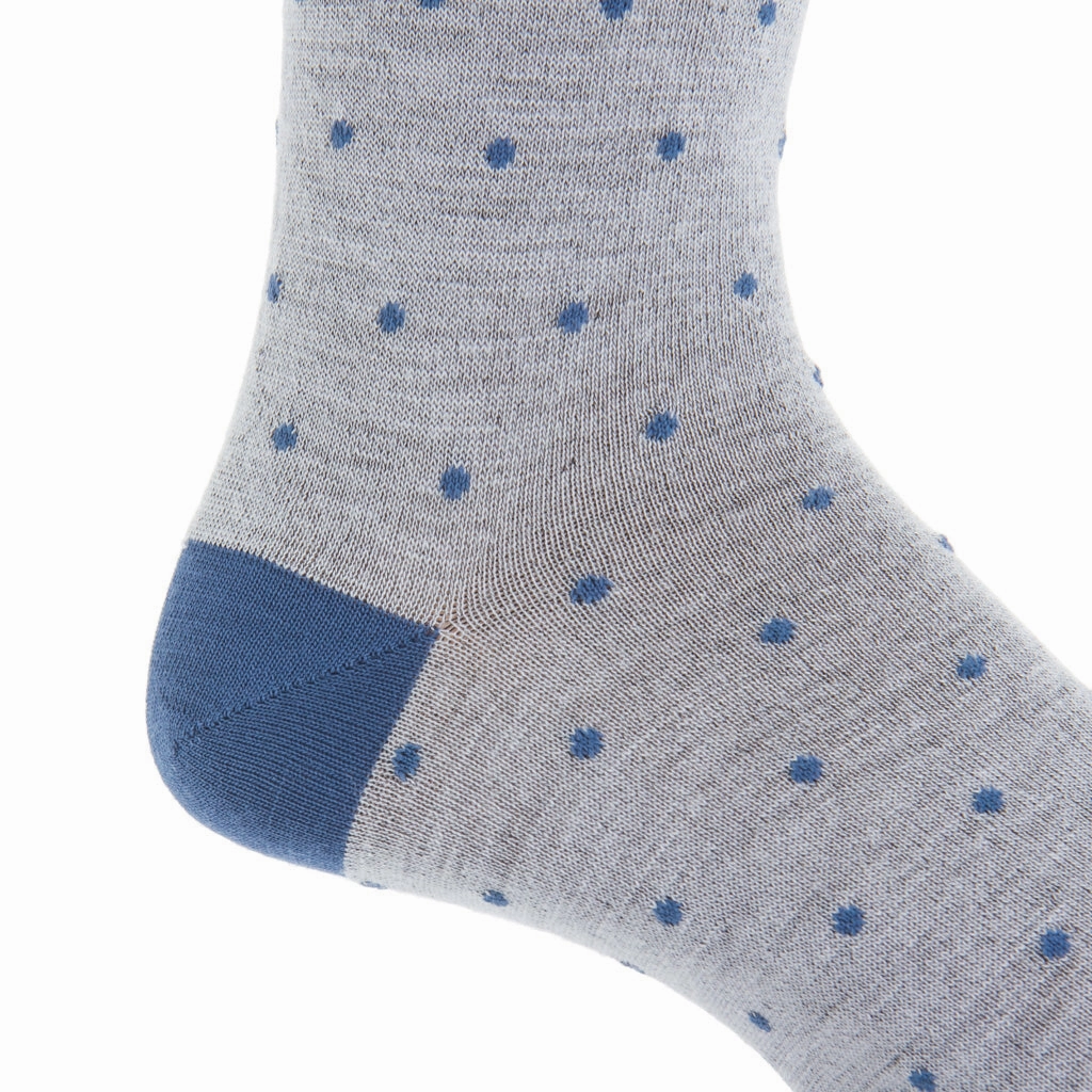 Ash with Bay Blue Dots and Bay Blue Tipping Fine Merino Wool Sock Linked Toe Mid-Calf