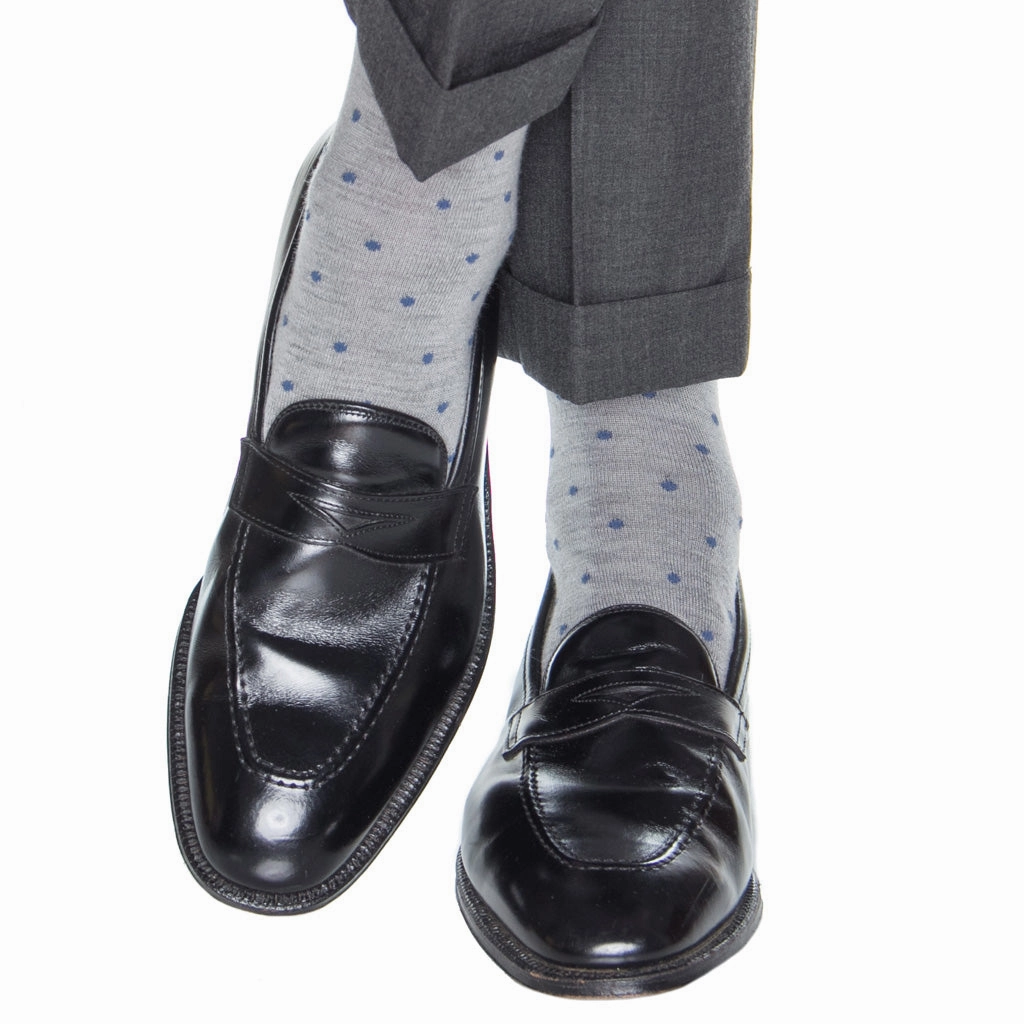 Ash with Bay Blue Dots and Bay Blue Tipping Fine Merino Wool Sock Linked Toe Mid-Calf