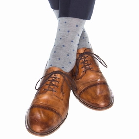 Ash with Bay Blue Dots and Bay Blue Tipping Fine Merino Wool Sock Linked Toe Mid-Calf