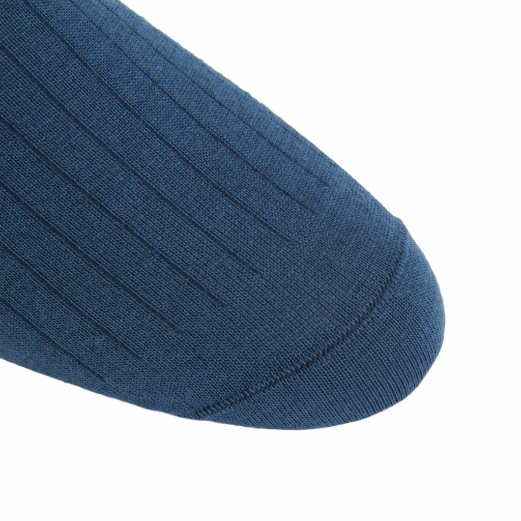 Bay Blue Solid Ribbed Fine Merino Wool Sock Linked Toe Mid-Calf