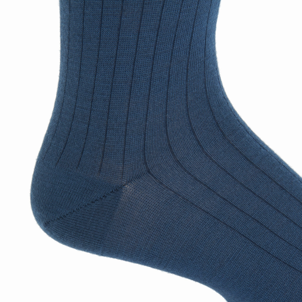 Bay Blue Solid Ribbed Fine Merino Wool Sock Linked Toe Mid-Calf