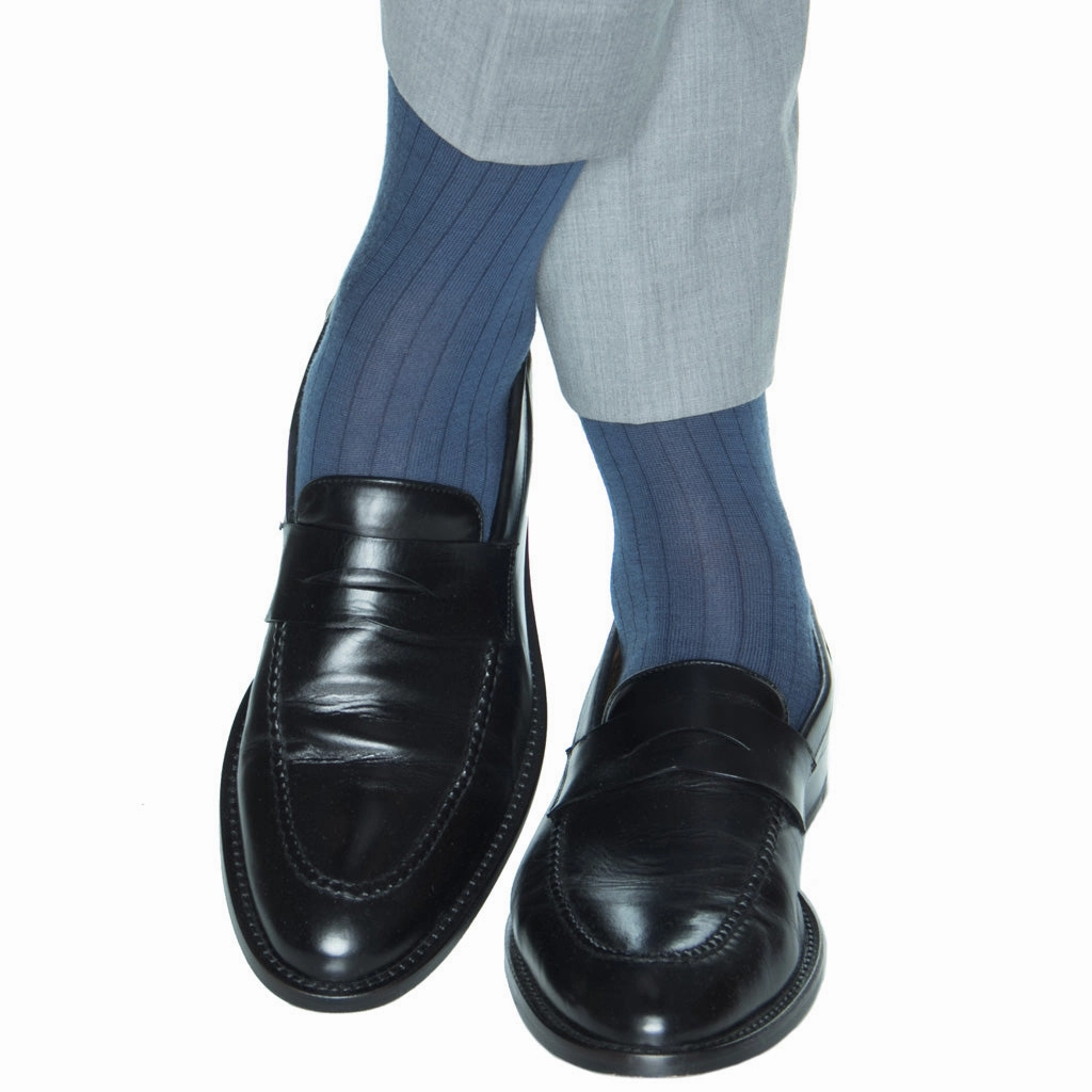 Bay Blue Solid Ribbed Fine Merino Wool Sock Linked Toe Mid-Calf