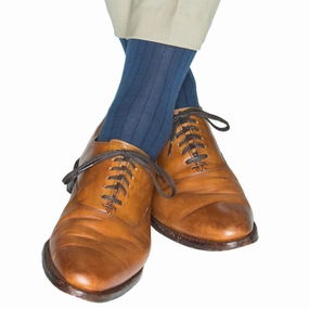 Bay Blue Solid Ribbed Fine Merino Wool Sock Linked Toe Mid-Calf