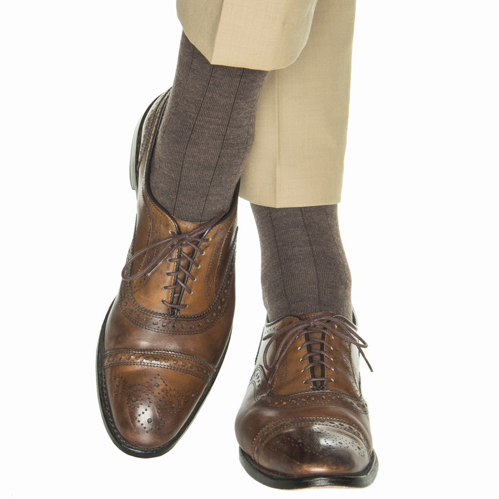 Brown Solid Wide Ribbed Cashmere Wool Blend Sock Linked Toe Mid-Calf
