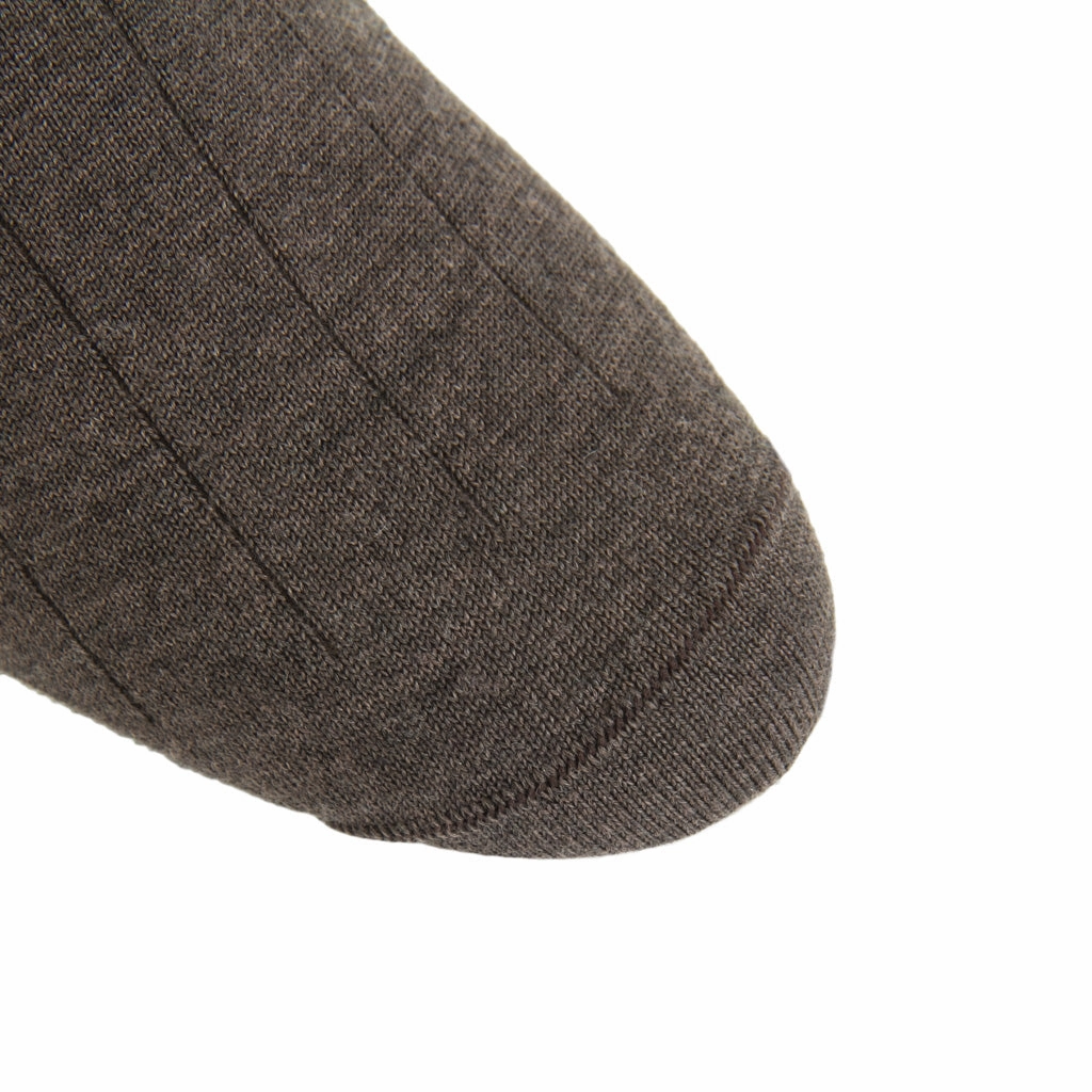 Brown Solid Wide Ribbed Cashmere Wool Blend Sock Linked Toe Mid-Calf