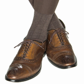 Brown Solid Wide Ribbed Cashmere Wool Blend Sock Linked Toe Mid-Calf