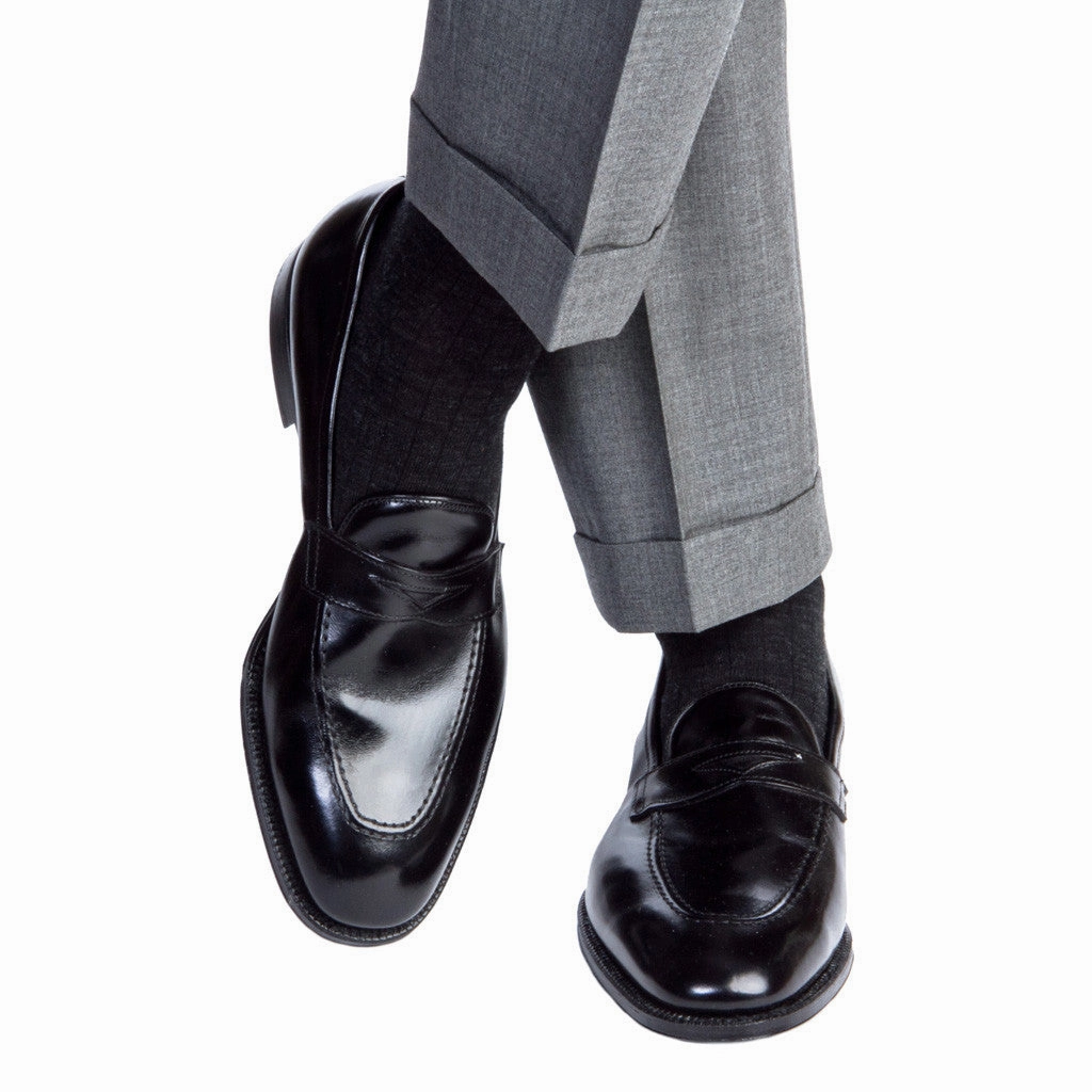 Charcoal Solid Ribbed Fine Merino Wool Sock Linked Toe Mid-Calf