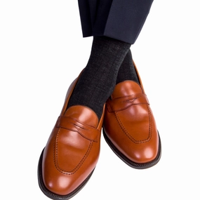 Charcoal Solid Ribbed Fine Merino Wool Sock Linked Toe Mid-Calf