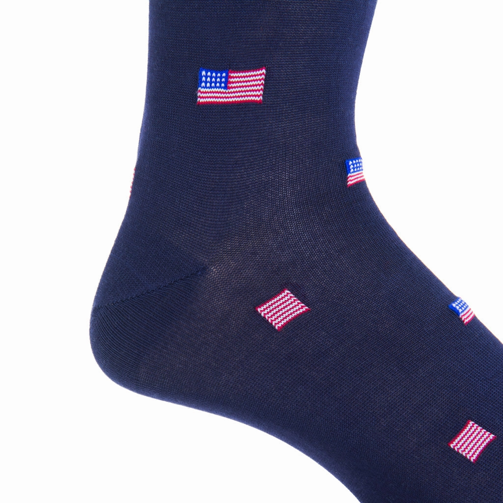 Classic Navy, Red, White, and Clematis Blue American Flags Cotton Sock Linked Toe Mid-Calf