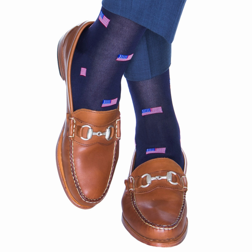 Classic Navy, Red, White, and Clematis Blue American Flags Cotton Sock Linked Toe Mid-Calf