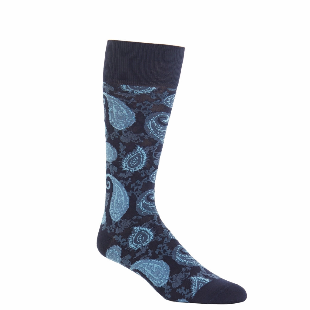 Classic Navy with Sky Blue Paisley Cotton Sock Linked Toe Mid-Calf