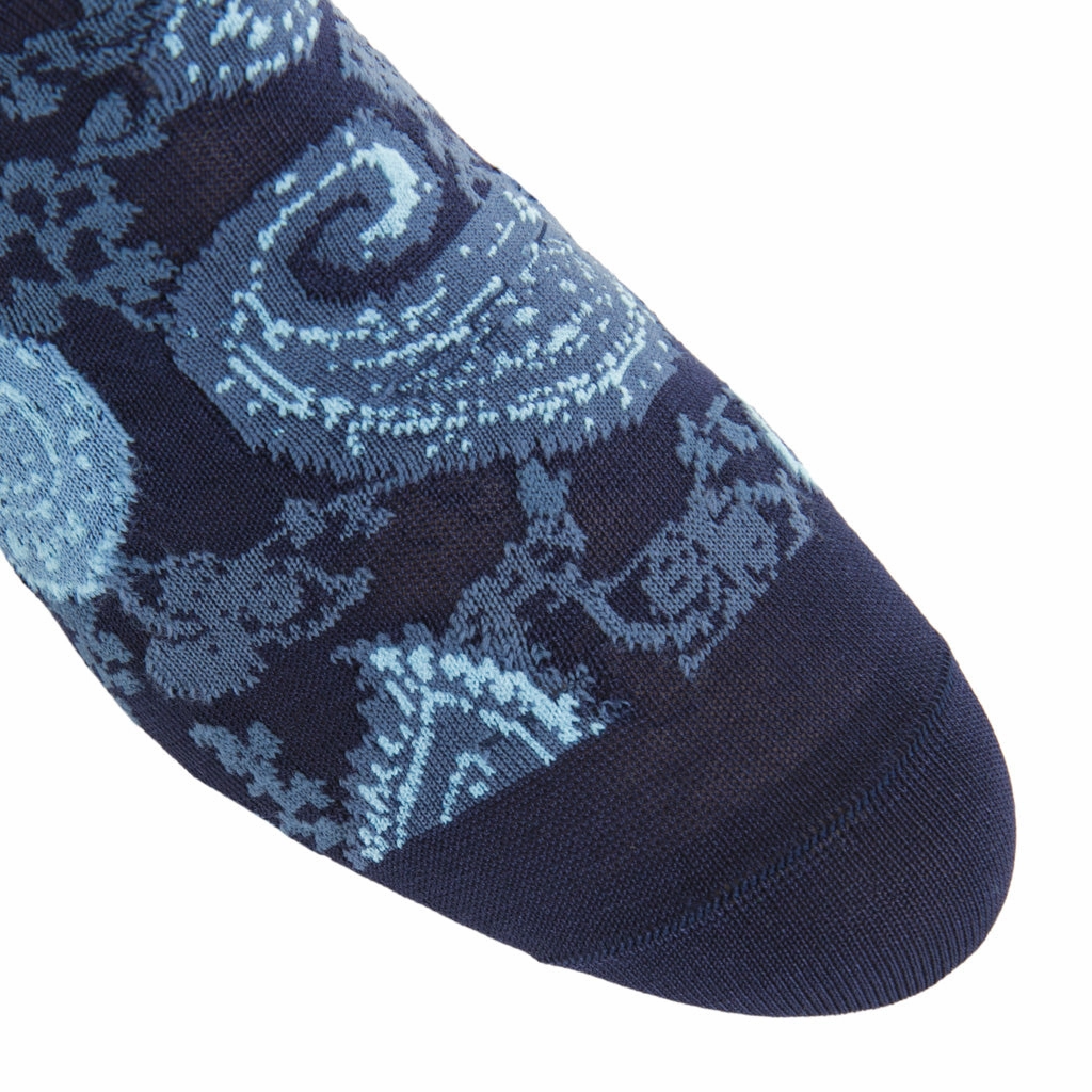 Classic Navy with Sky Blue Paisley Cotton Sock Linked Toe Mid-Calf