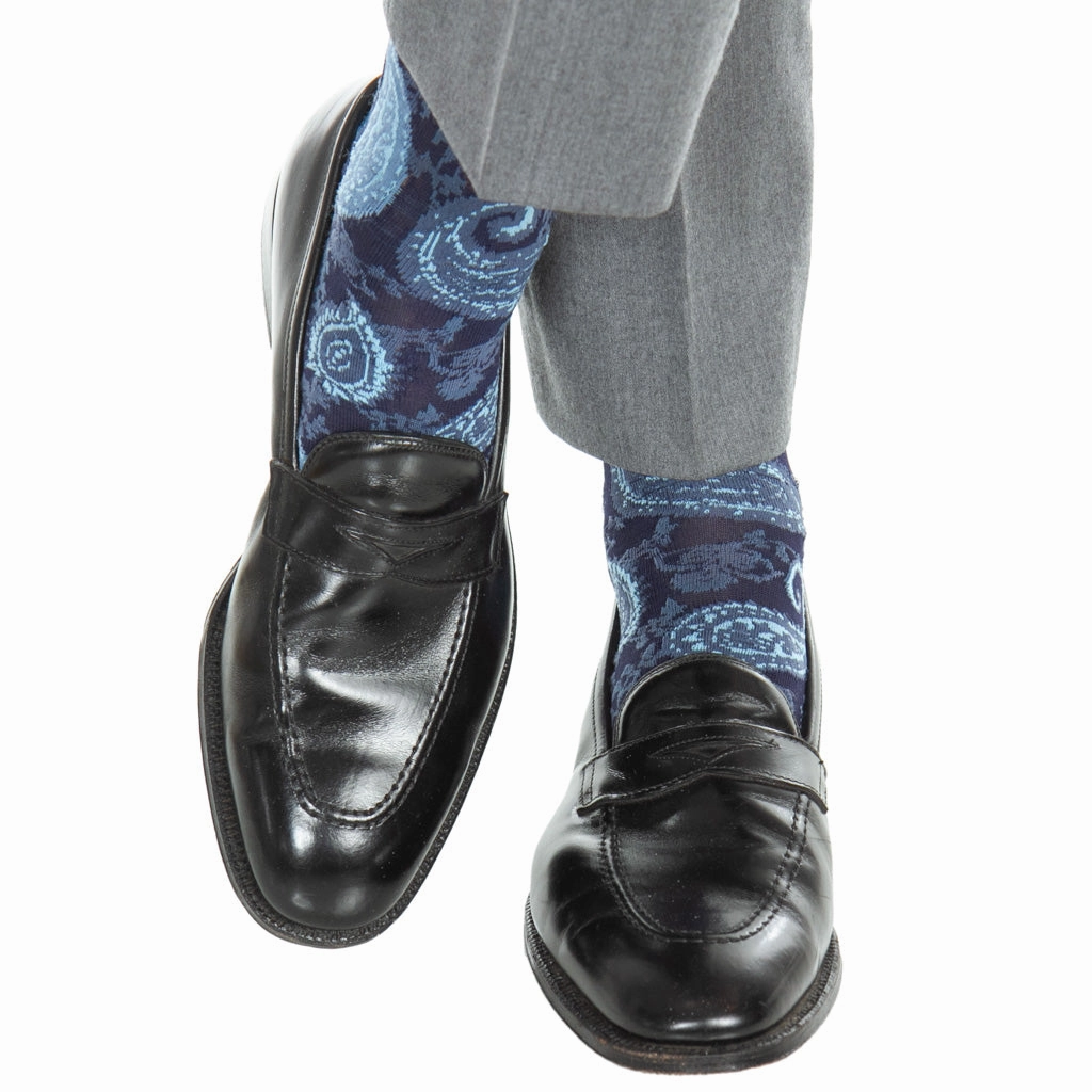 Classic Navy with Sky Blue Paisley Cotton Sock Linked Toe Mid-Calf