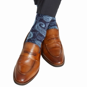 Classic Navy with Sky Blue Paisley Cotton Sock Linked Toe Mid-Calf