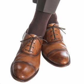 Coffee Brown Solid Ribbed Fine Merino Wool Sock Linked Toe Mid-Calf