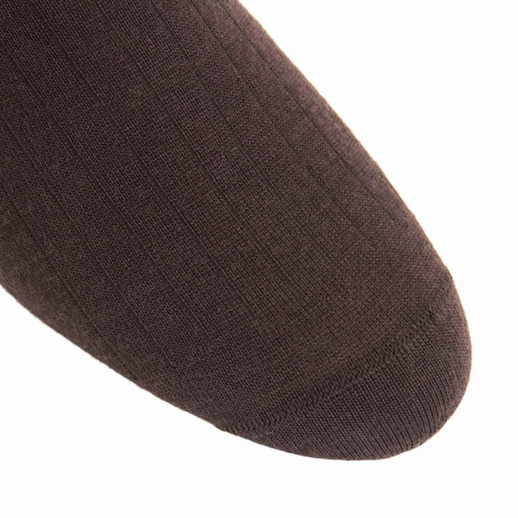 Coffee Brown Solid Ribbed Fine Merino Wool Sock Linked Toe Mid-Calf