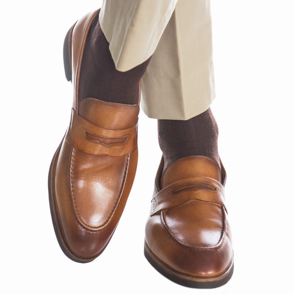 Coffee Brown Solid Ribbed Fine Merino Wool Sock Linked Toe Mid-Calf