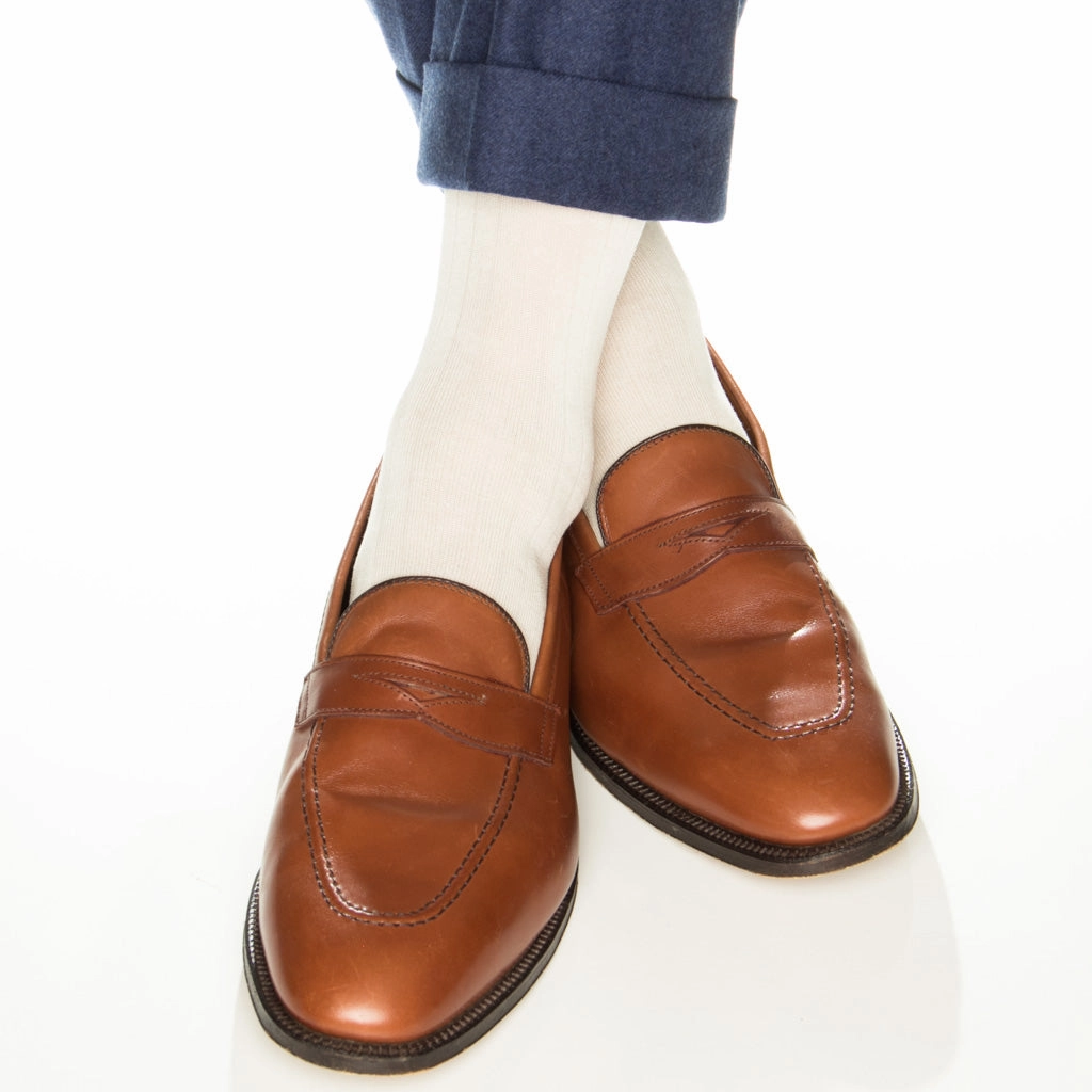 Cream Solid Ribbed Fine Merino Wool Sock Linked Toe OTC