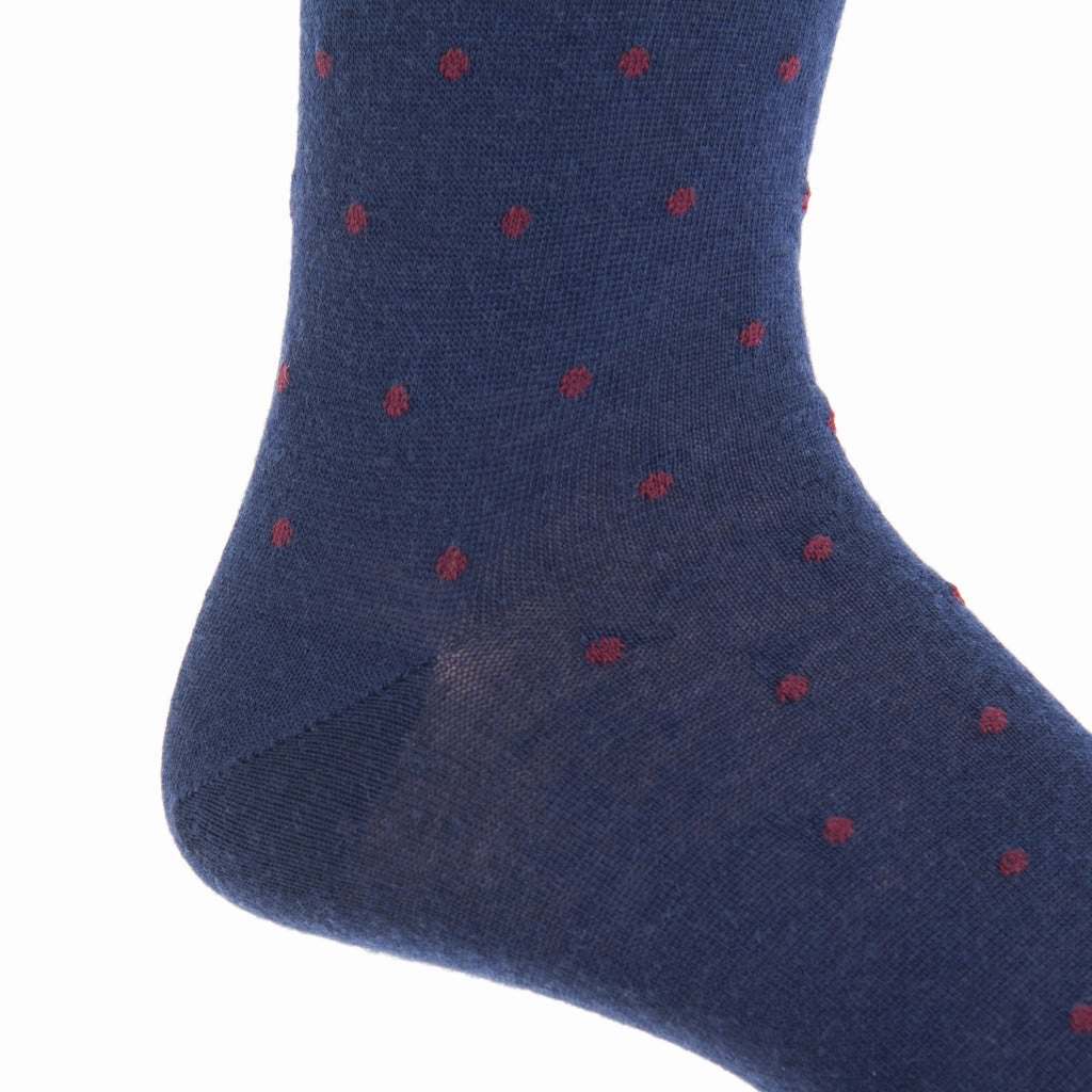 Dress Navy with Burgundy Dot Fine Merino Wool Sock Linked Toe Mid-Calf