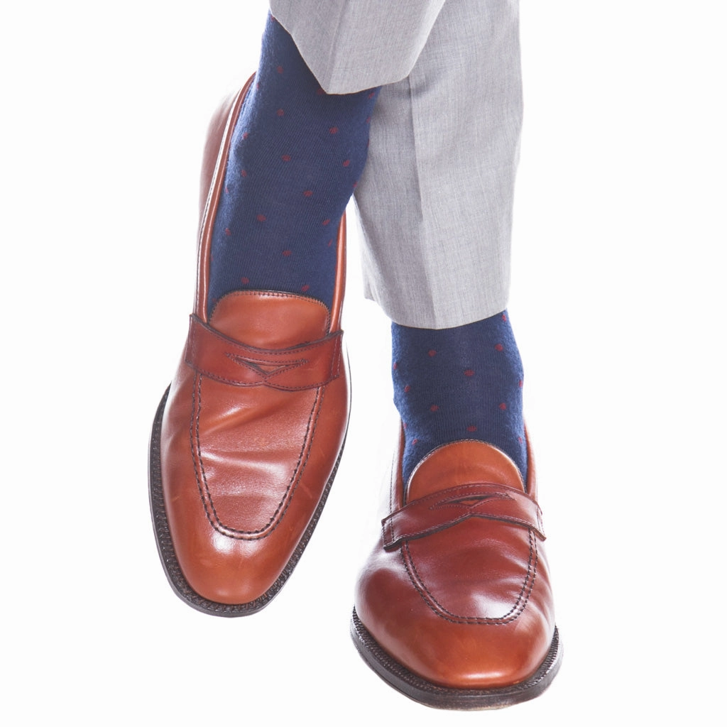 Dress Navy with Burgundy Dot Fine Merino Wool Sock Linked Toe Mid-Calf