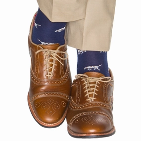 Dress Navy with Cream Bird Dog and Brown Spots with Red Tipping Fine Merino Wool Sock Linked Toe OTC