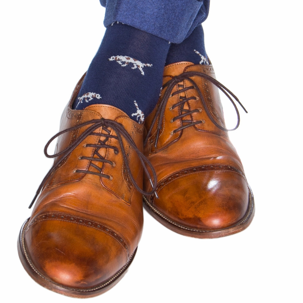 Dress Navy with Cream Bird Dog and Brown Spots with Red Tipping Fine Merino Wool Sock Linked Toe OTC