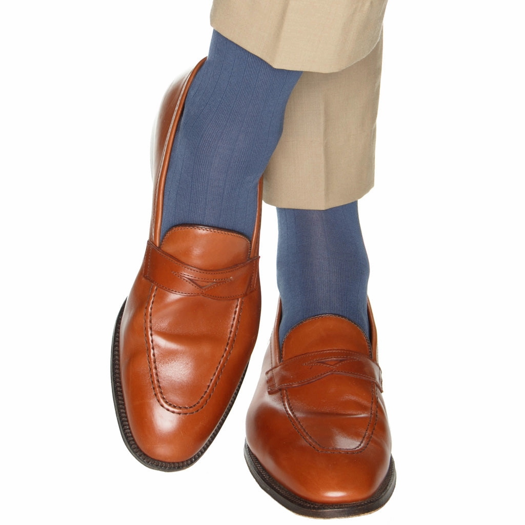 Indigo Blue Solid Ribbed Cotton Sock Linked Toe Mid-Calf