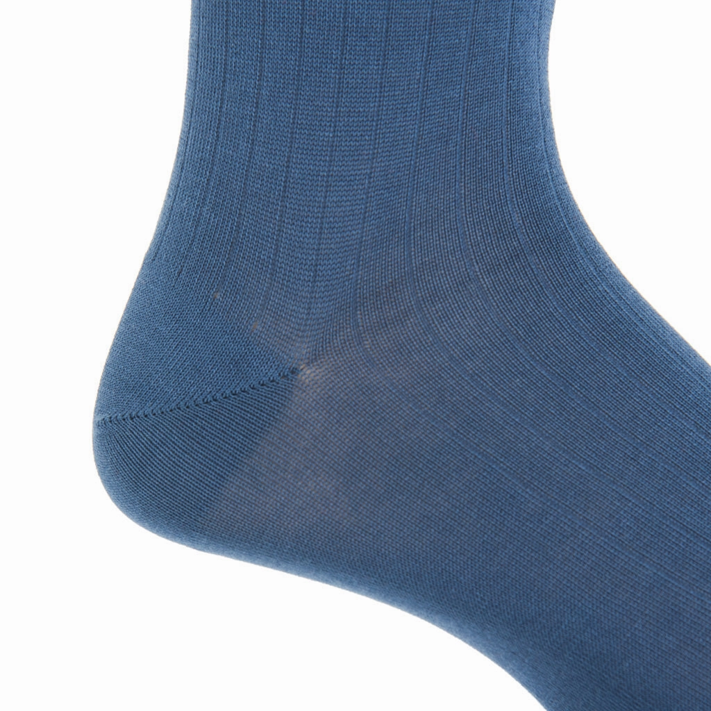 Indigo Blue Solid Ribbed Cotton Sock Linked Toe Mid-Calf