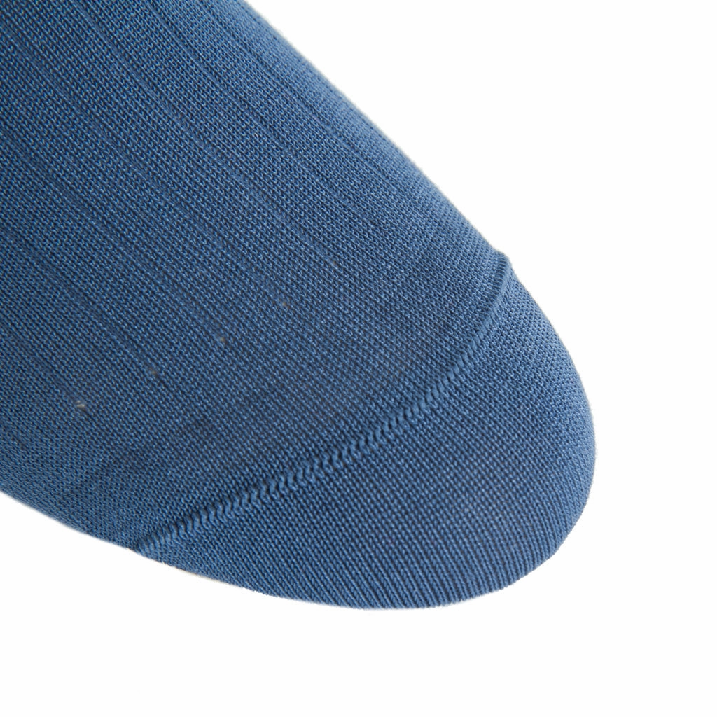 Indigo Blue Solid Ribbed Cotton Sock Linked Toe Mid-Calf