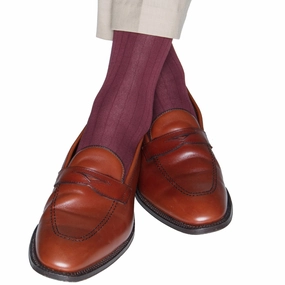 Merlot Solid Ribbed Cotton Sock Linked Toe Mid-Calf