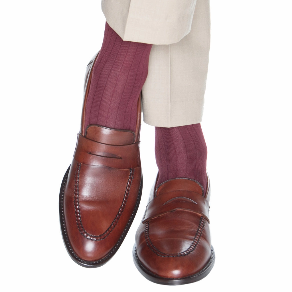 Merlot Solid Ribbed Cotton Sock Linked Toe Mid-Calf