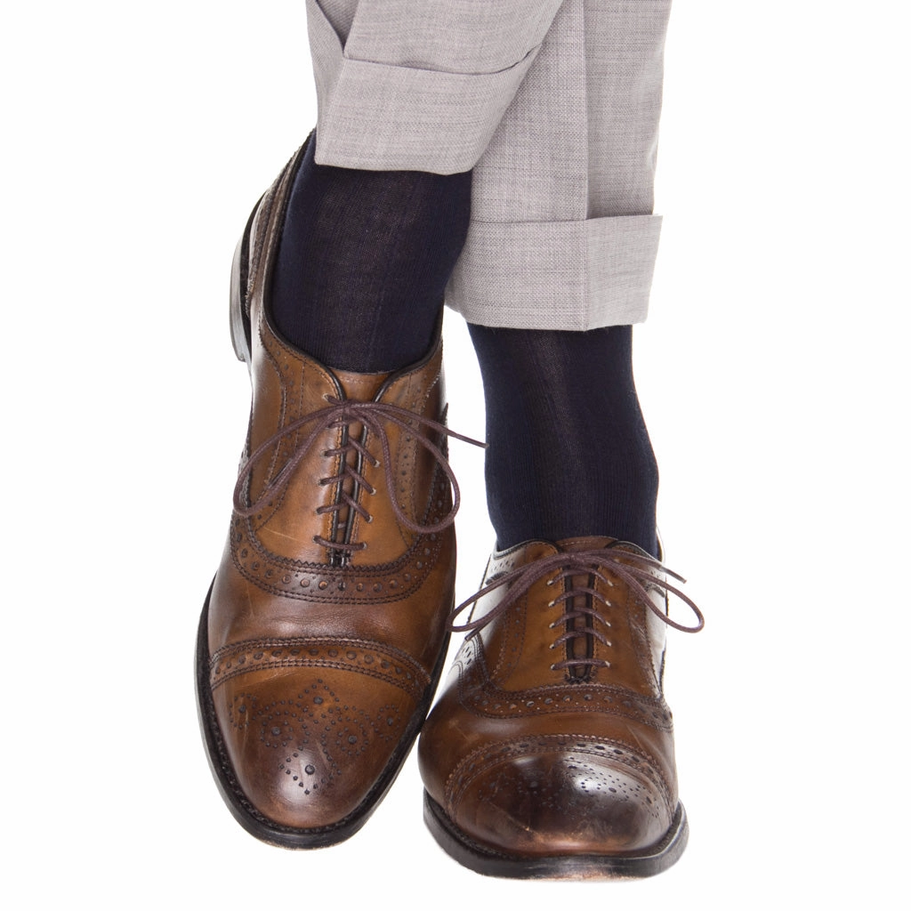 Navy Solid Ribbed Cotton Sock Linked Toe Mid-Calf