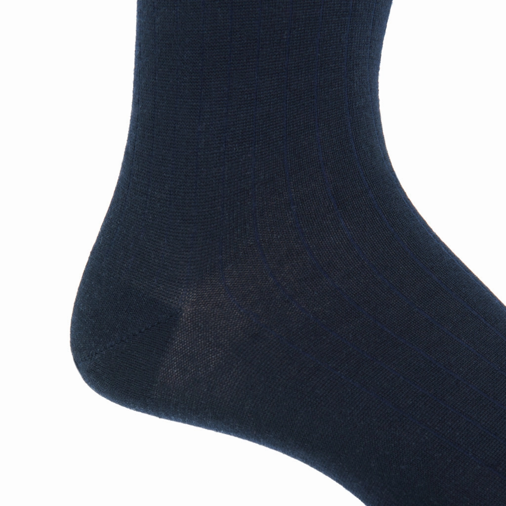 Navy Solid Ribbed Cotton Sock Linked Toe Mid-Calf