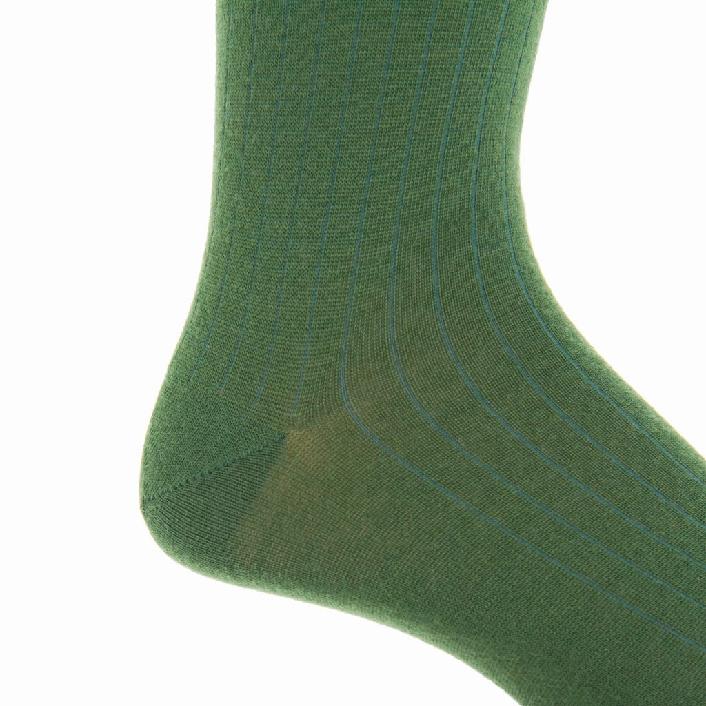 Pine Green Solid Ribbed Fine Merino Wool Sock Linked Toe Mid-Calf