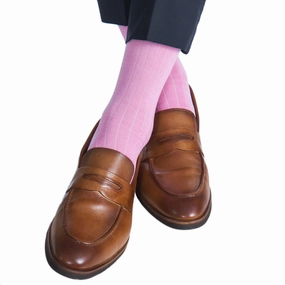 Pink Solid Ribbed Cotton Sock Linked Toe Mid-Calf