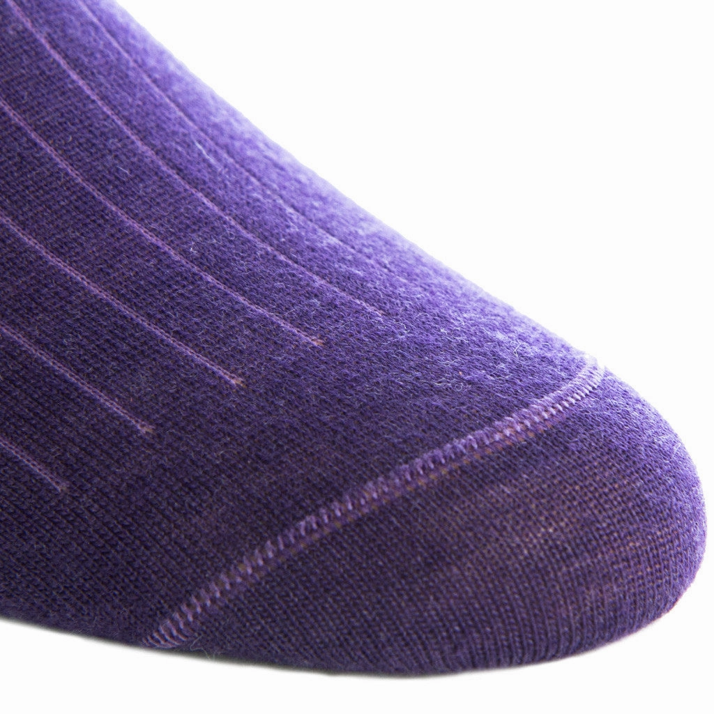 Purple Solid Ribbed Fine Merino Wool Sock Linked Toe Mid-Calf