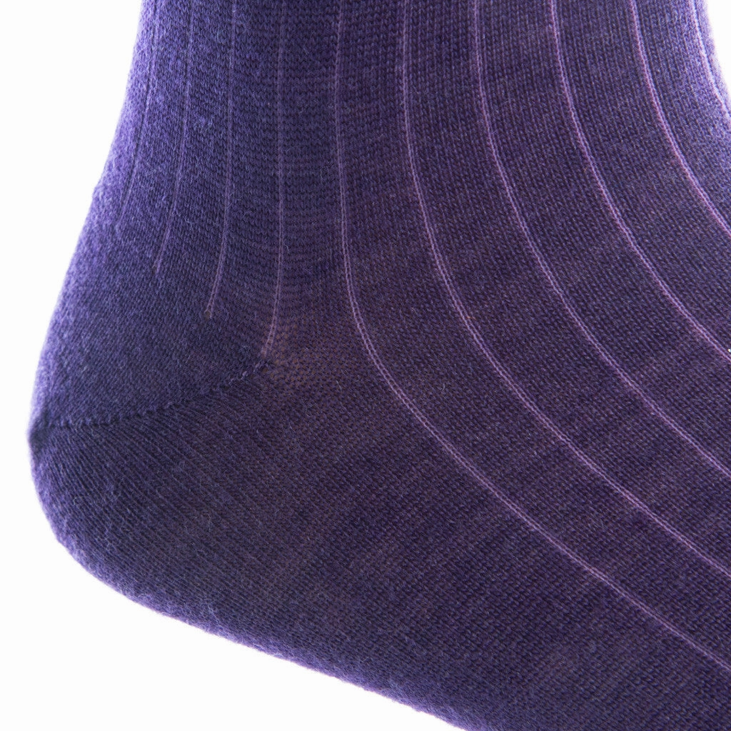 Purple Solid Ribbed Fine Merino Wool Sock Linked Toe Mid-Calf