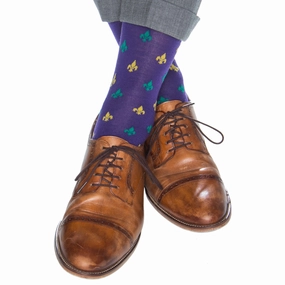 Purple with Yolk and Marine Green Fleur De Lis Fine Merino Wool Sock Linked Toe Mid-Calf
