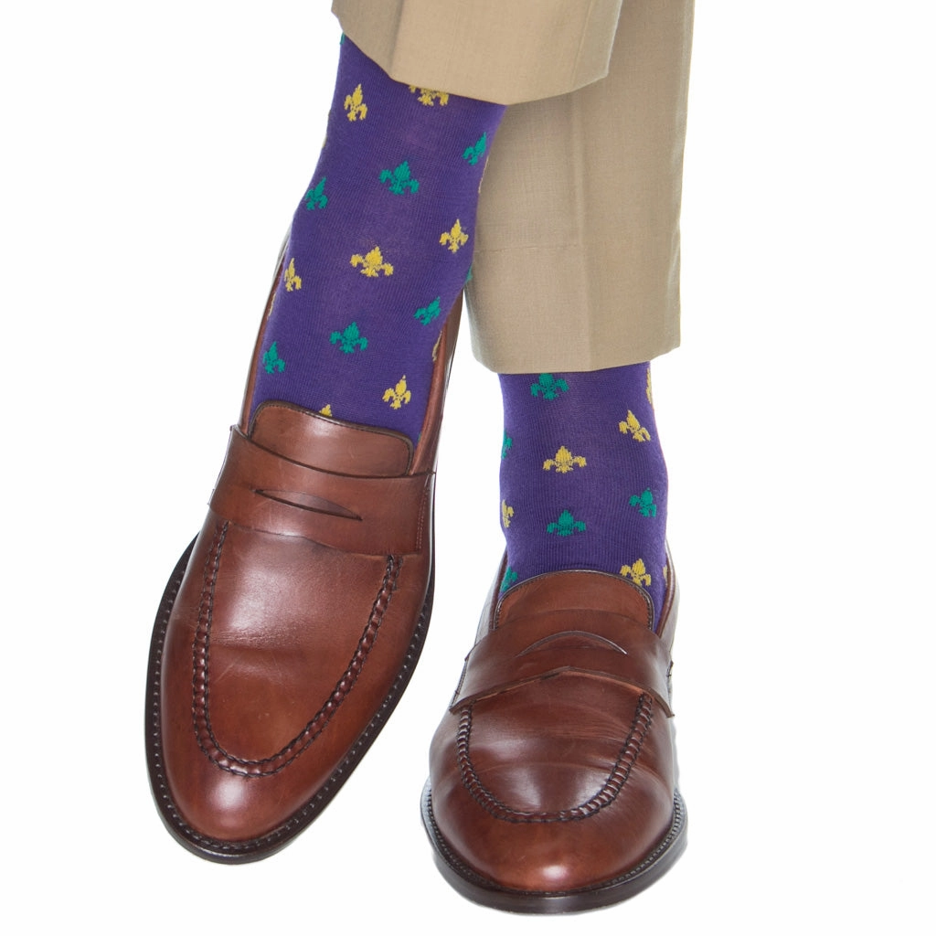 Purple with Yolk and Marine Green Fleur De Lis Fine Merino Wool Sock Linked Toe Mid-Calf