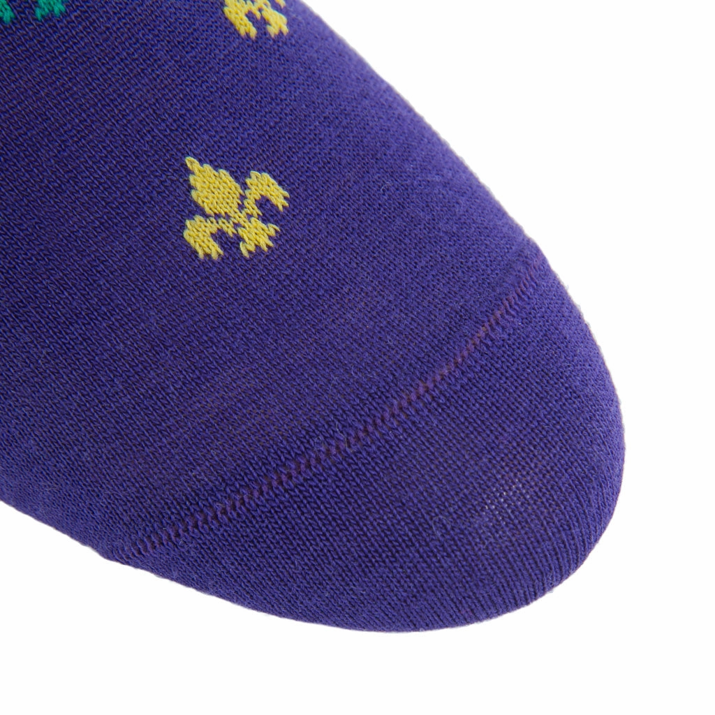 Purple with Yolk and Marine Green Fleur De Lis Fine Merino Wool Sock Linked Toe Mid-Calf