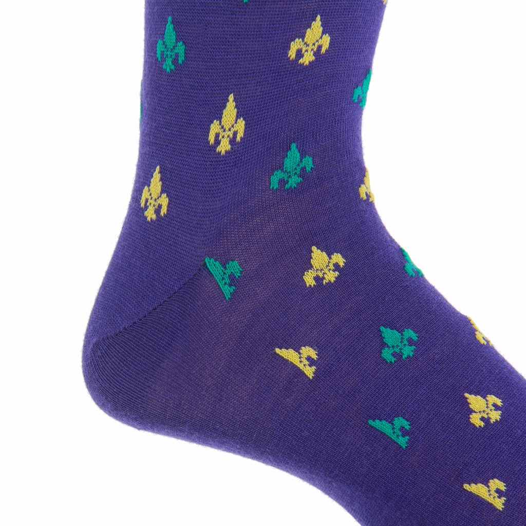 Purple with Yolk and Marine Green Fleur De Lis Fine Merino Wool Sock Linked Toe Mid-Calf