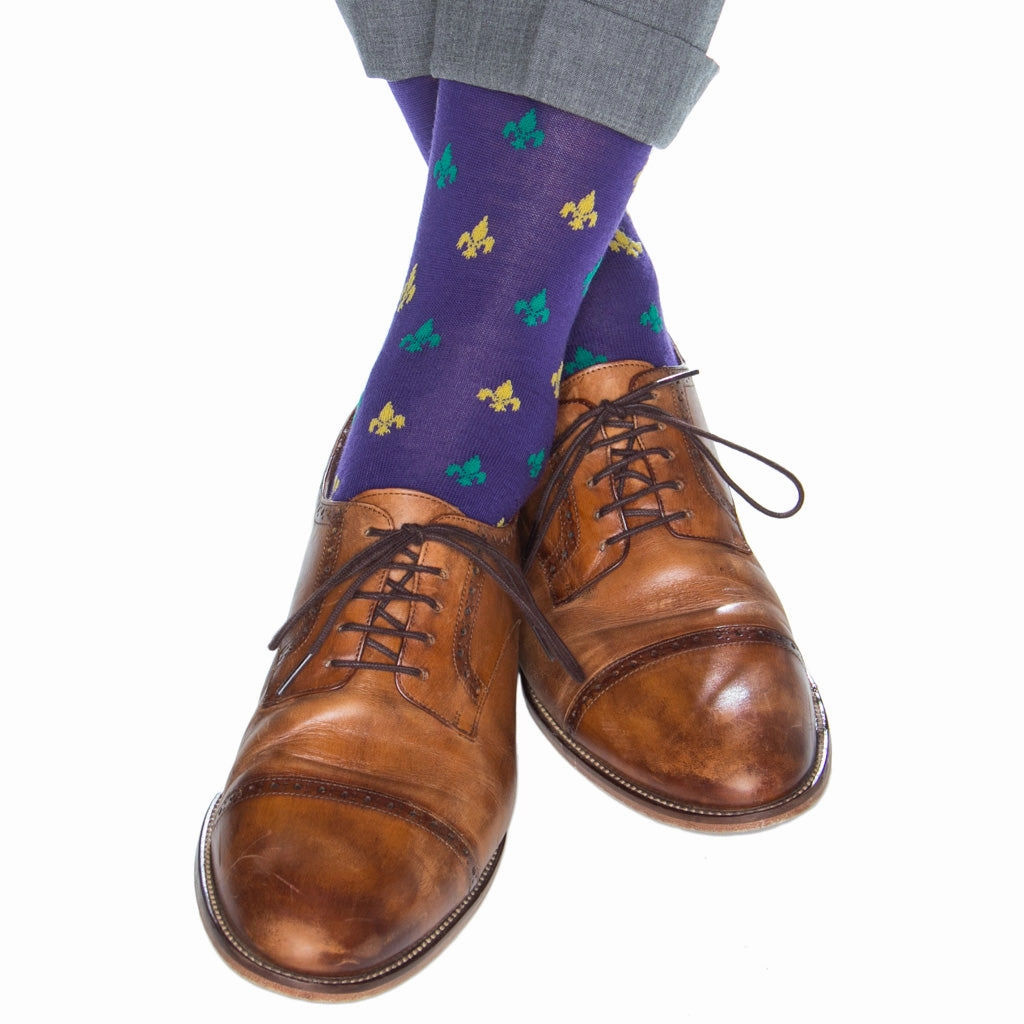Purple with Yolk and Marine Green Fleur De Lis Fine Merino Wool Sock Linked Toe Mid-Calf
