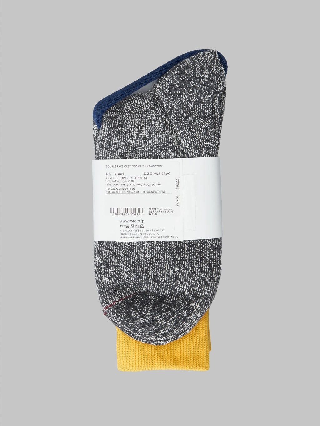 ROTOTO Double Face Crew Socks Silk & Cotton Yellow/Charcoal
