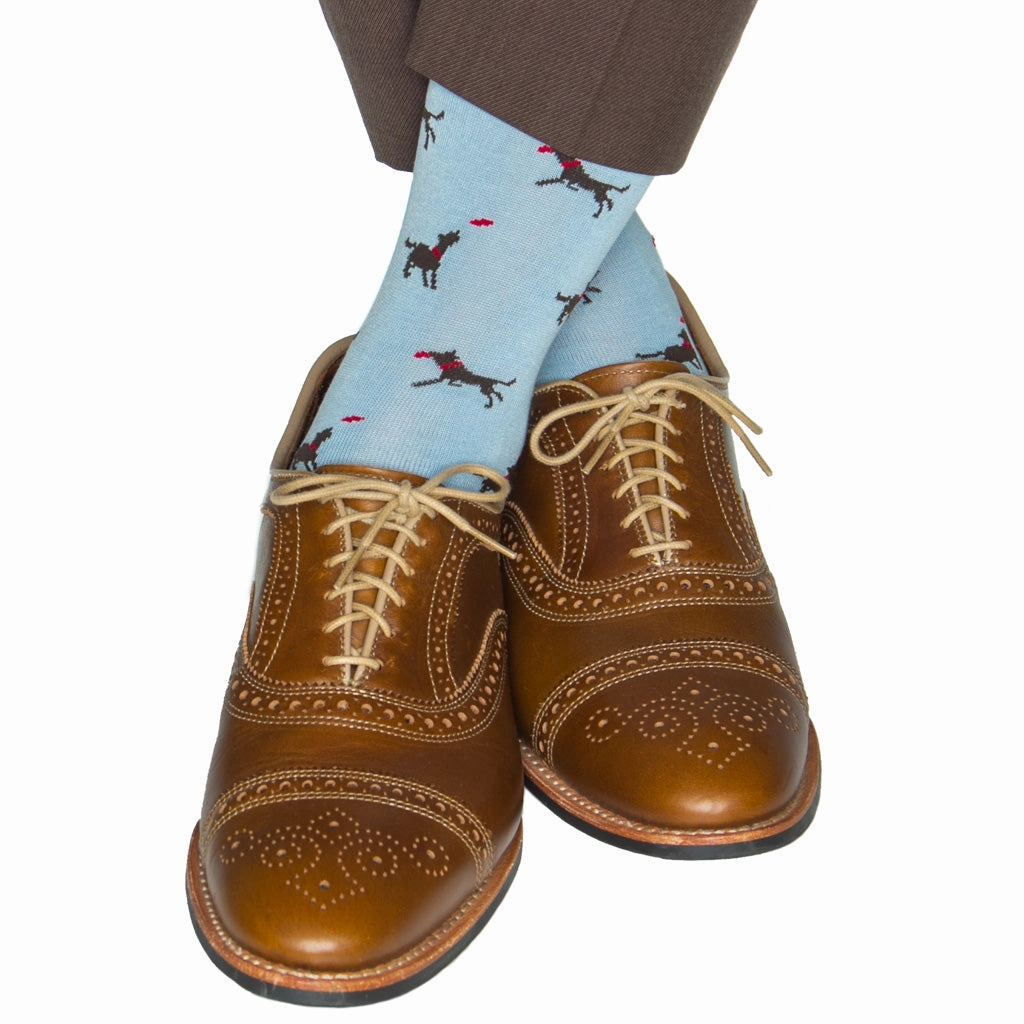 Sky Blue with Coffee Brown Dog Catching Red Frisbee Cotton Sock Linked Toe OTC