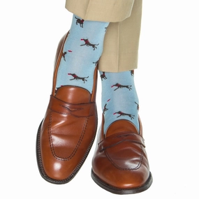 Sky Blue with Coffee Brown Dog Catching Red Frisbee Cotton Sock Linked Toe OTC