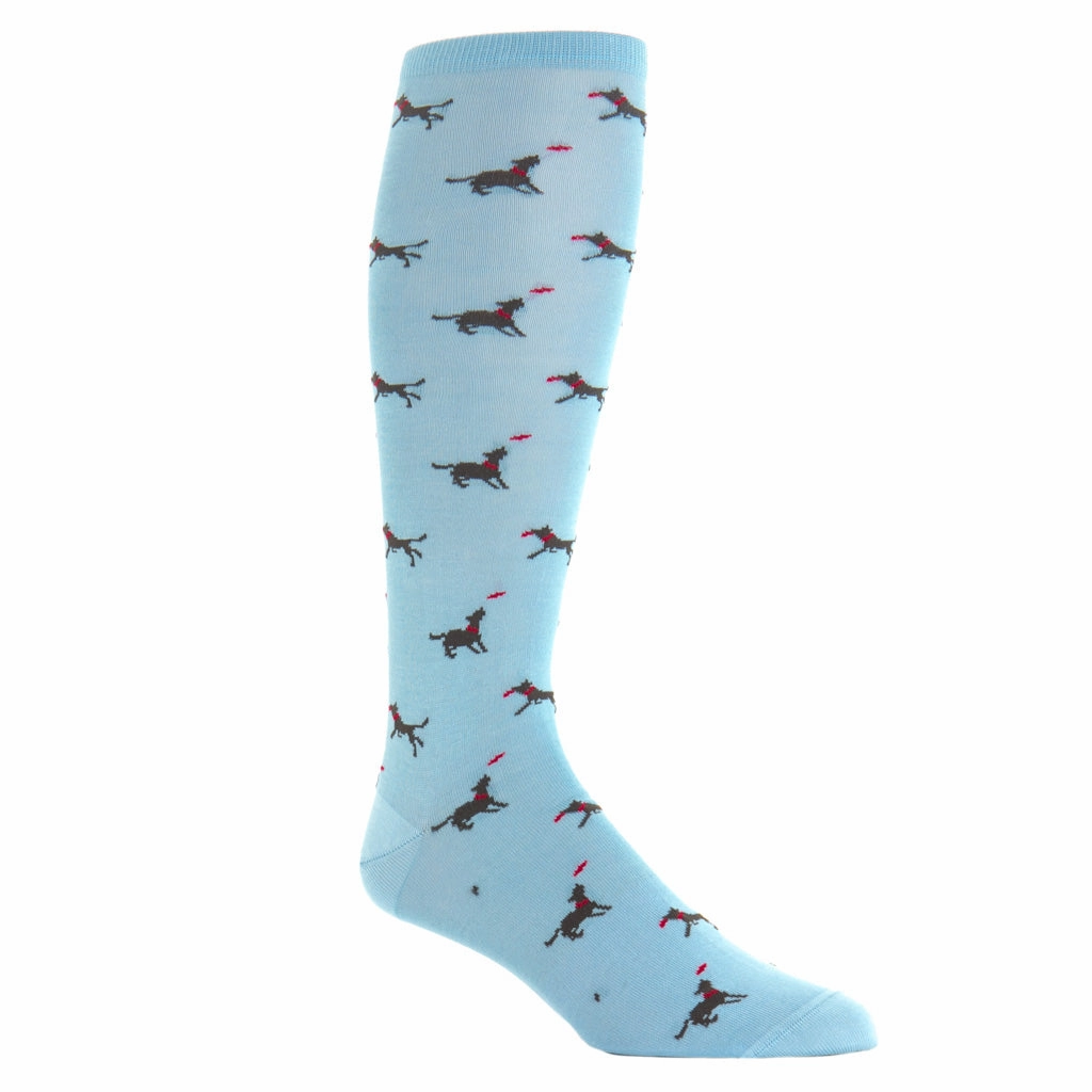 Sky Blue with Coffee Brown Dog Catching Red Frisbee Cotton Sock Linked Toe OTC