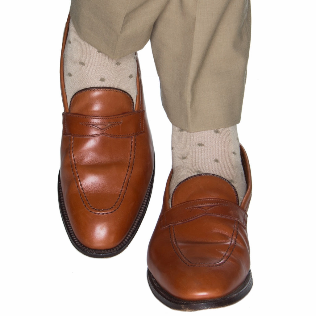 Tan with Taupe Dot Cotton Sock Linked Toe Mid-Calf